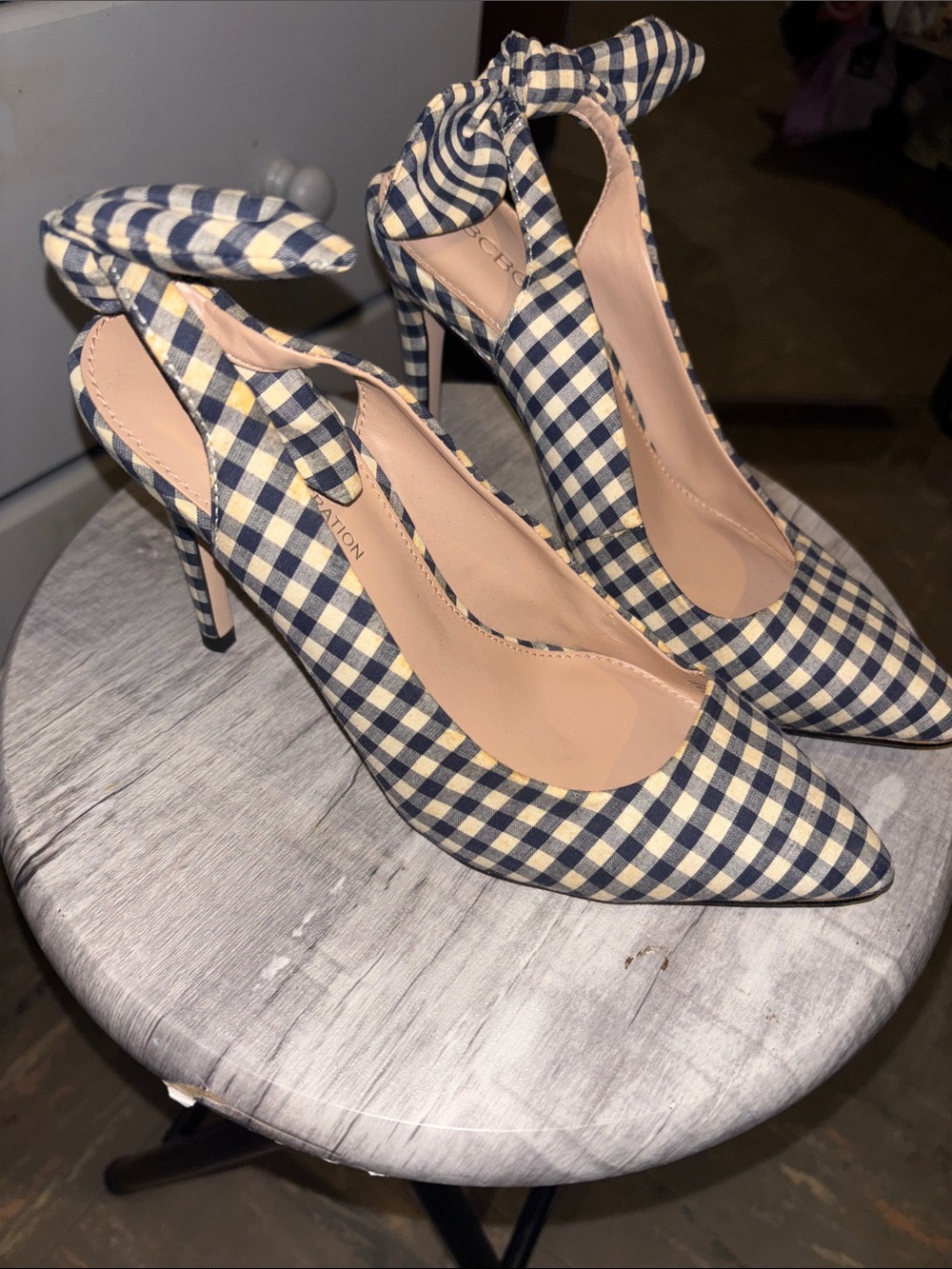 BCBGeneration Navy and White Gingham Bow Ankle-Tie Pointed Heels